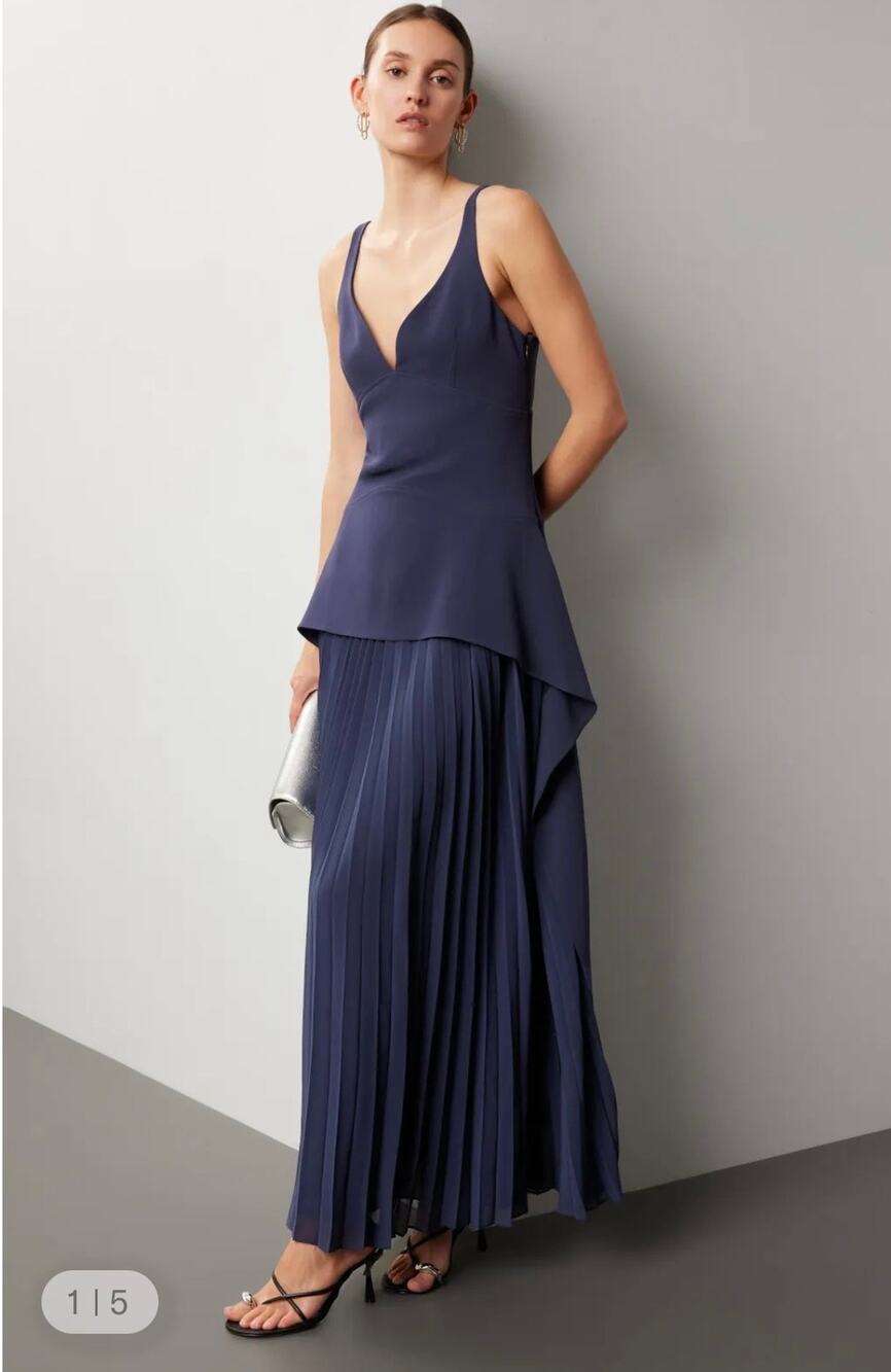 SIMKHAI Navy Blue Pleated Maxi Dress Size 6 Asymmetrical Designer Gown MSRP $895